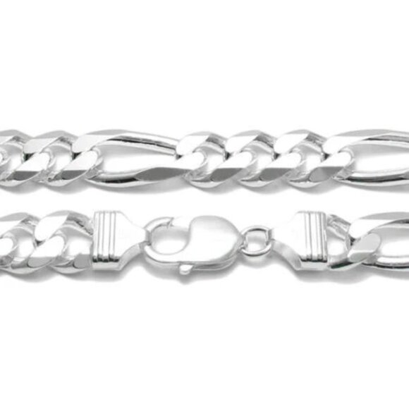 STERLING SILVER FIGARO CHAIN NECKLACE 11MM (GAUGE 300). AVAILABLE IN 6 LENGTHS. - Picture 2 of 3